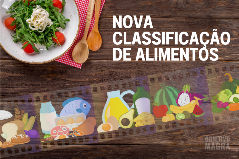 Um prato de salada verde com tomate cereza, a frase Nova Classificação de Alimentos e a imagem de um filme com a Nova Classificação - Vários grupos - Facilitando o entendimento de Entenda a Classificação NOVA em 5 Minutos e Turbine Sua Dieta