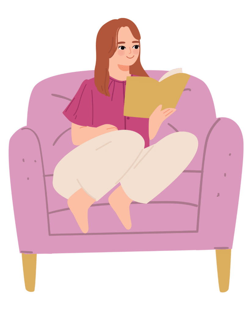 Elemento gráfico de mulher sentada no sofá, de forma descontraída e relaxada lendo