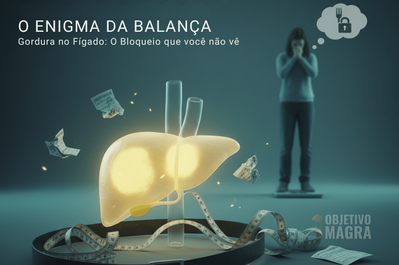 Representação visual de um fígado com acúmulo de gordura (brilhando em amarelo) cercado por uma fita métrica e um cinto, simbolizando o peso, e uma mulher frustrada ao fundo subindo em uma balança. Texto no topo: 'O Enigma da Balança: Gordura no Fígado: O Bloqueio que Você Não Vê." Sugere a dificuldade de emagrecer causada pela esteatose hepática.