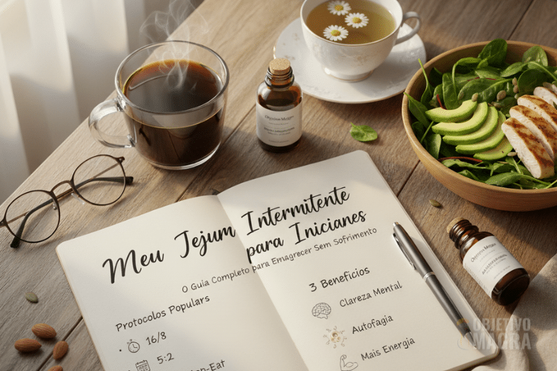 Visão aérea de uma mesa de madeira com um diário de 'Meu Jejum' aberto, detalhando 'Jejum Intermitente para Iniciantes', protocolos populares (16/8, 5:2, Eat-Stop-Eat) e benefícios (Clareza Mental, Autofagia, Mais Energia). Na cena, há um café fumegante, um chá de camomila, uma tigela de salada de frango com abacate, nozes, óculos e pequenos frascos de suplementos.