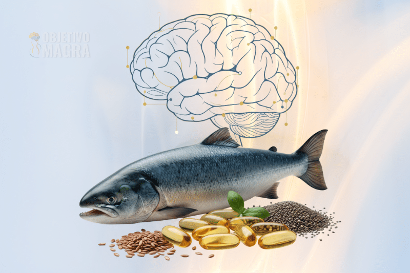 Representação visual dos tipos de ômega 3 (EPA, DHA e ALA) com cápsulas de óleo de peixe, salmão e sementes naturais, simbolizando benefícios para o cérebro, metabolismo e saúde geral.