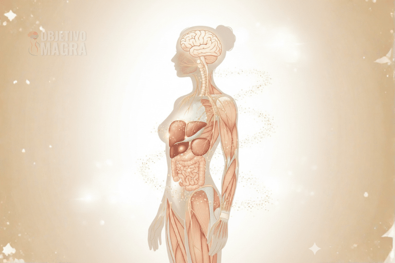 Ilustração do corpo feminino com cérebro, músculos e fígado destacados, representando os benefícios do magnésio para saúde, equilíbrio metabólico e emagrecimento consciente.